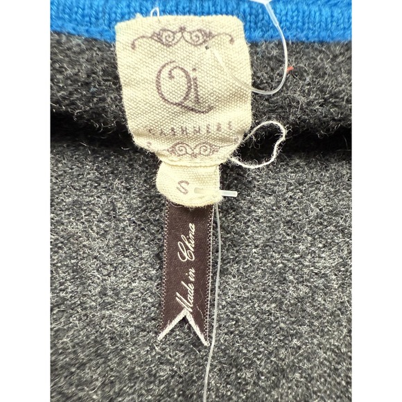 NWT Qi Cashmere Sweater Women Small Gray Blue Trim V Neck 100% Cashmere Pullover - Picture 2 of 16